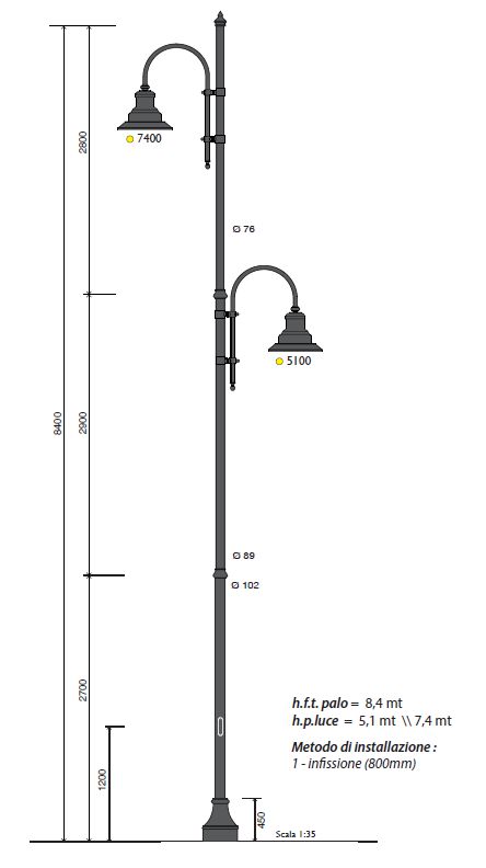 cod 1000178 palo ghisa acciaio base 326 doppio pastorale 505 due lampara 622