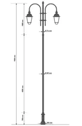 Palo in ghisa e acciaio con base 307, cima a pastorale doppia 505 e lanterne 602