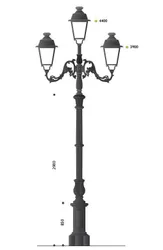 Palo in ghisa grandissimo con tre bracci e tre lanterne cablate LED SA12.P , 42,8W 3702 LUMEN 3000K , OTTICA ASIMMETRICA