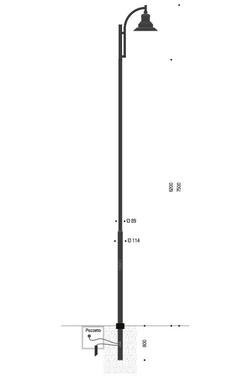 Palo INNER in acciaio con braccio singolo curvo e lampara Regina