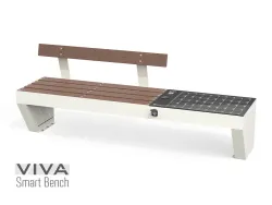 VIVA Smart Intelligent Solar Powered Bench WHITE, IOT ready, seat and backrest in recycled plastic 2,2m, wireless charger, USB sockets, dimmable LED lighting