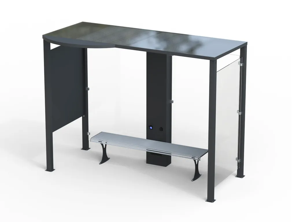 Pensilina con fotovoltaico per attesa bus con panchina in acciaio e policarbonato