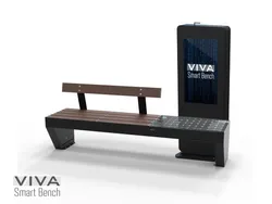 Smart bench VIVA SIGNAGE with Solar Energy Intelligent recharge IOT ready, seat and backrest in recycled plastic 2.2 mt, WIRELESS recharge devices, USB, LED lighting, INTERNET HOTSPOT AND TOTEM SIGNAGE