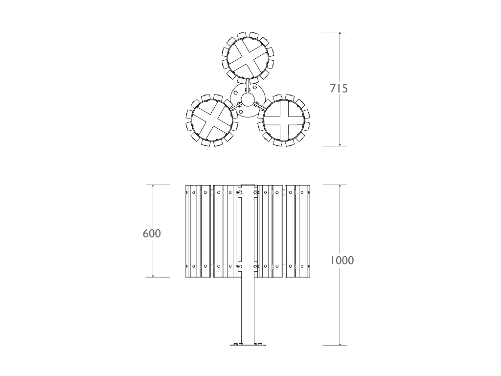 Pianta e prospetto Cestino Triplo porta rifiuti in STRONGPLAST