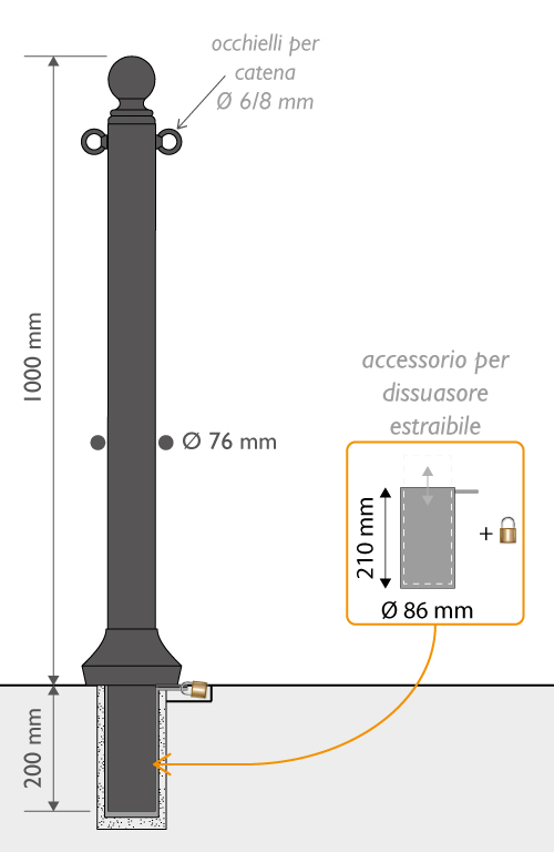 disegno misure 2d dissuasore secchia diametro76 estraibile occhielli cod 321208