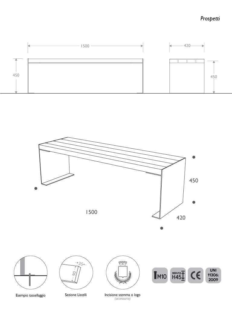 disegno quotato panchina future senza poggioli