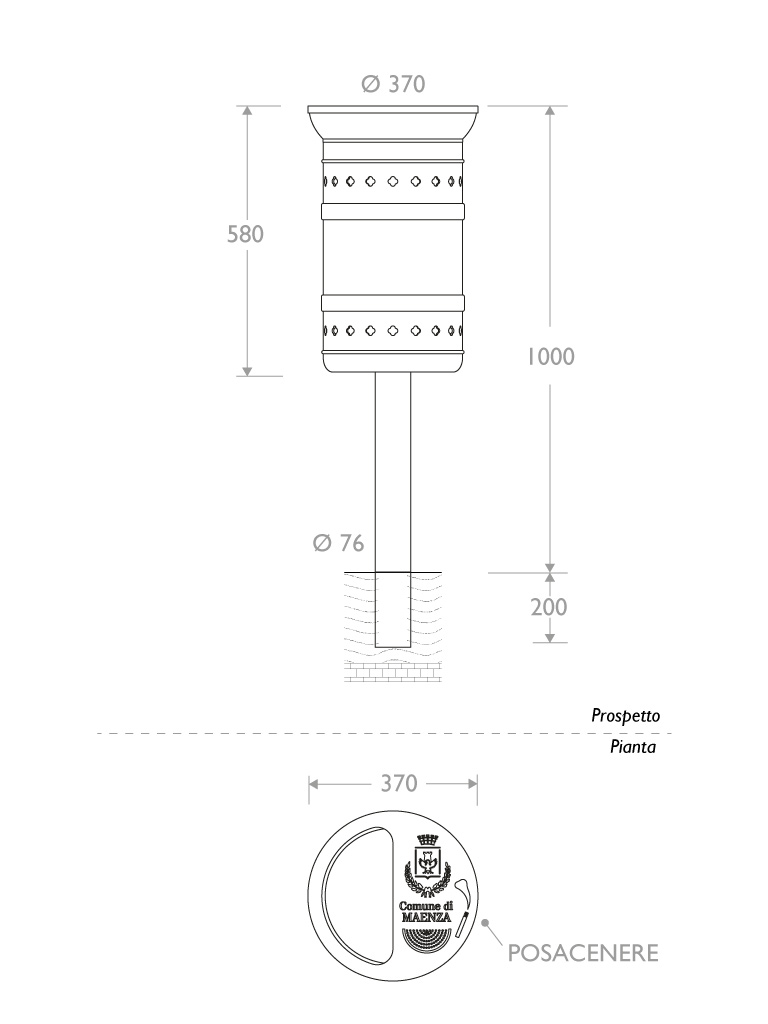 misure2d cestino con coperchio inciso a laser e posacenere dettaglio