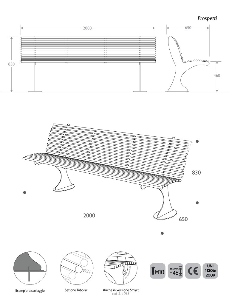 panchina classica acciaio shark misure
