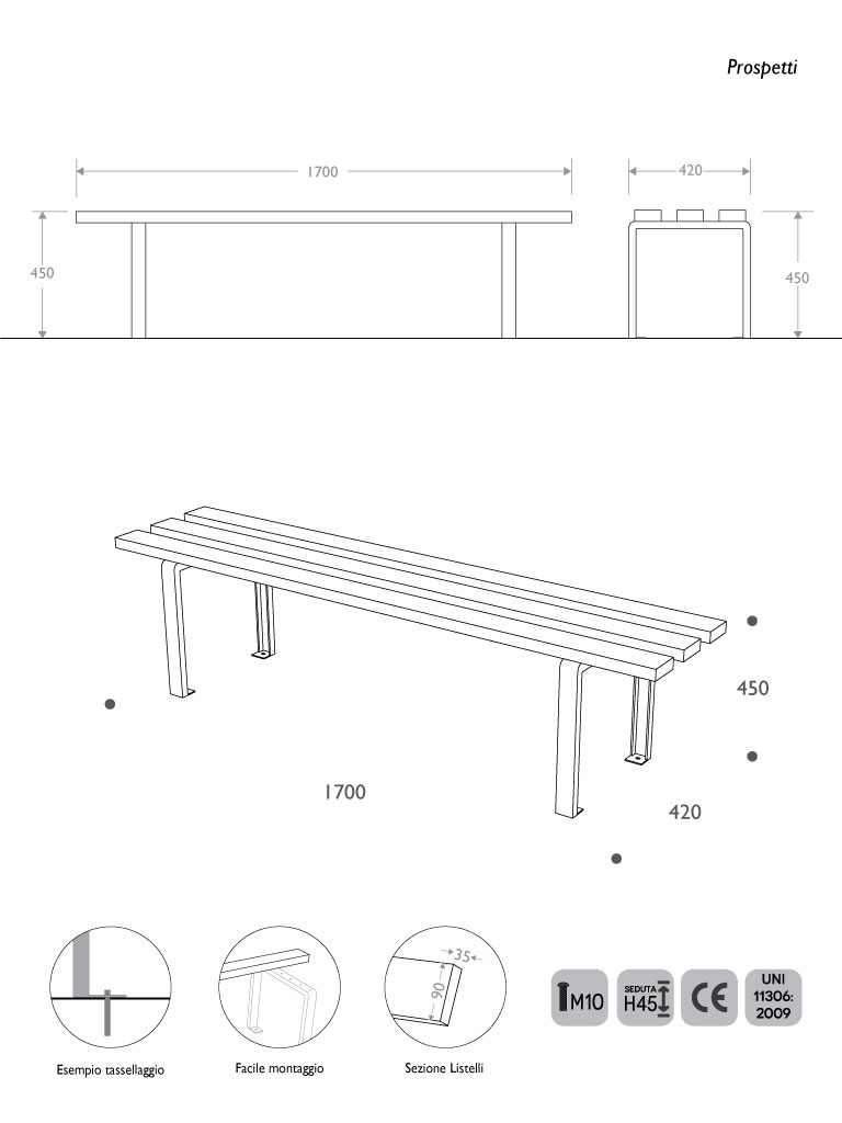 Misure Panchina Valencia snza schienale in strongplast
