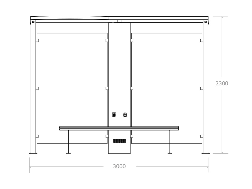 prospetto frontale pensilina attesa bus con fotovoltaico arredo urbano acciaio 3mt